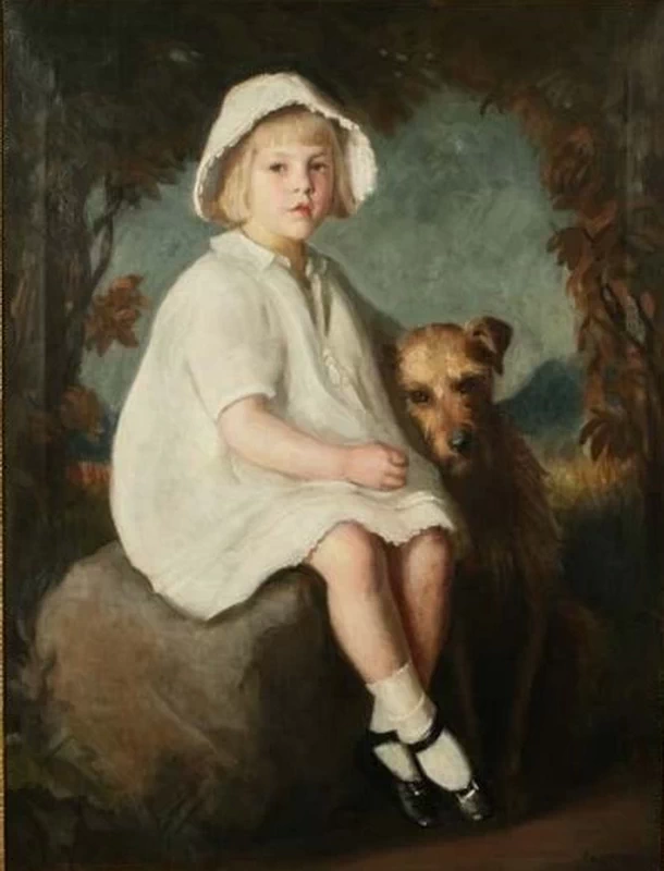 Ritratto dipinto di ragazza con cane